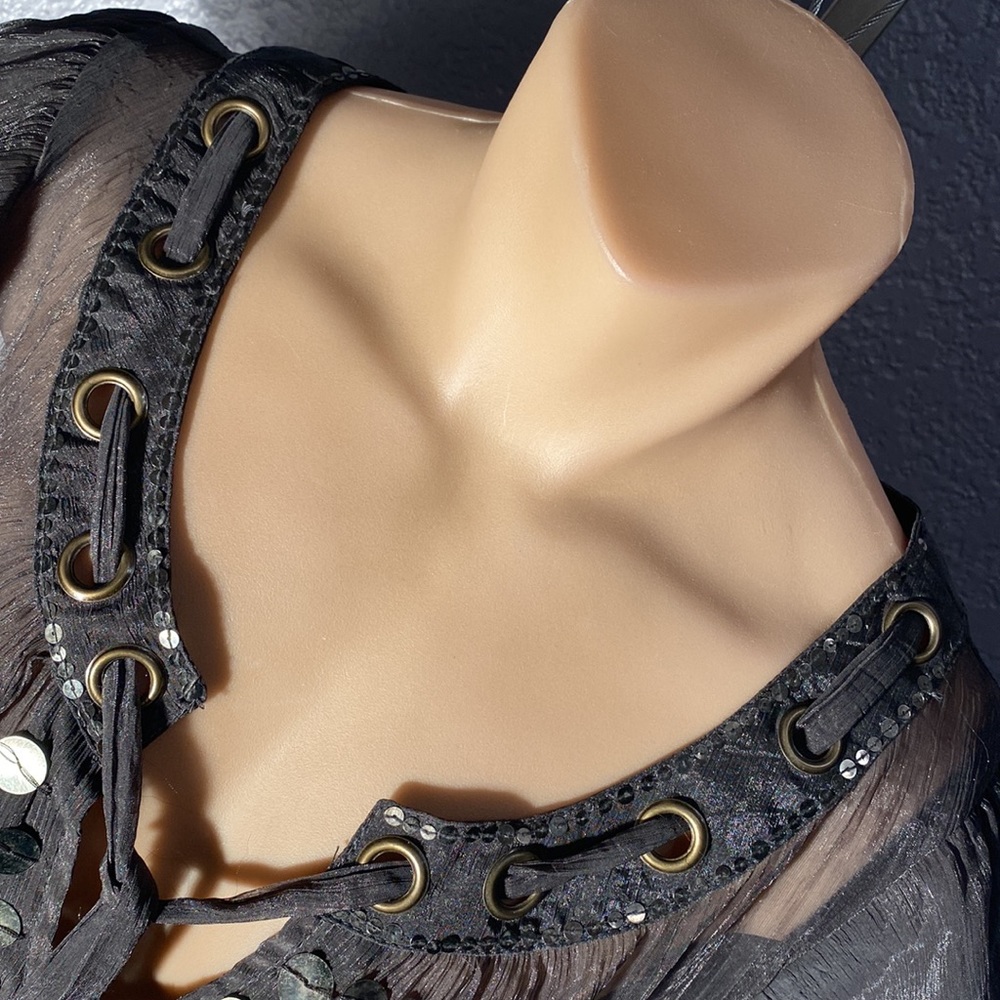 CECICO - sheer top: grey short ruffle sleeves, gold sequins & neck tie - L - Picture 12 of 16